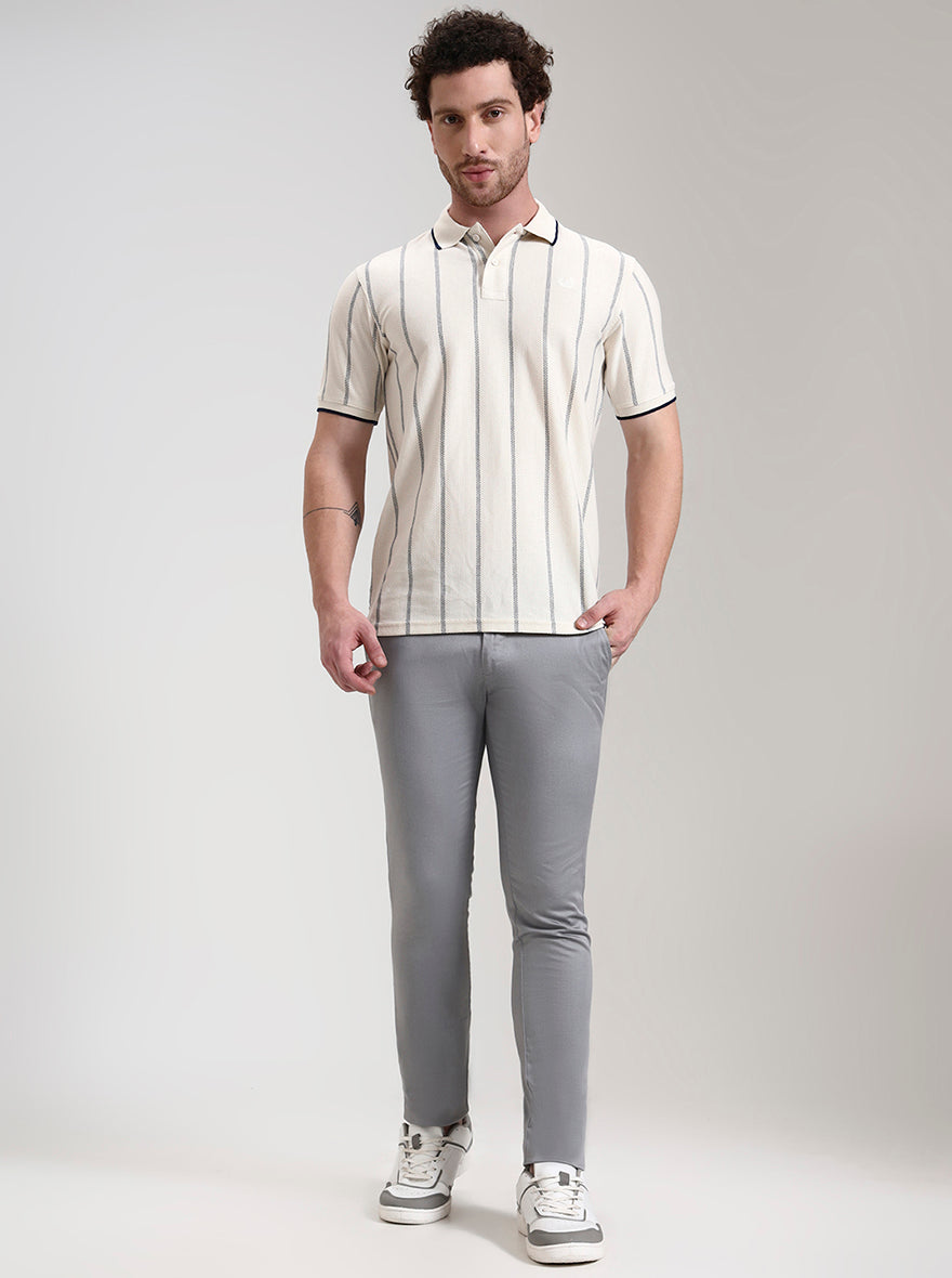Off White Striped Slim Fit Polo T-Shirt | Greenfibre