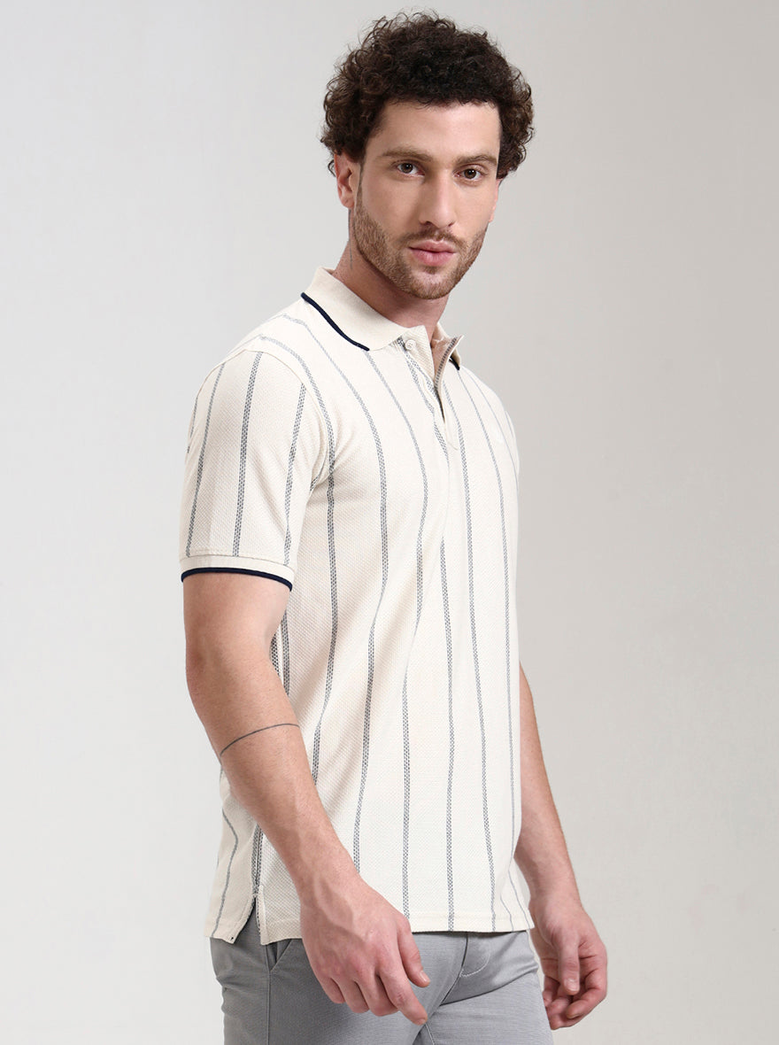 Off White Striped Slim Fit Polo T-Shirt | Greenfibre