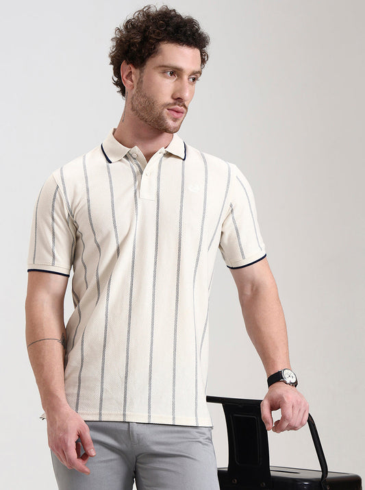 Off White Striped Slim Fit Polo T-Shirt | Greenfibre