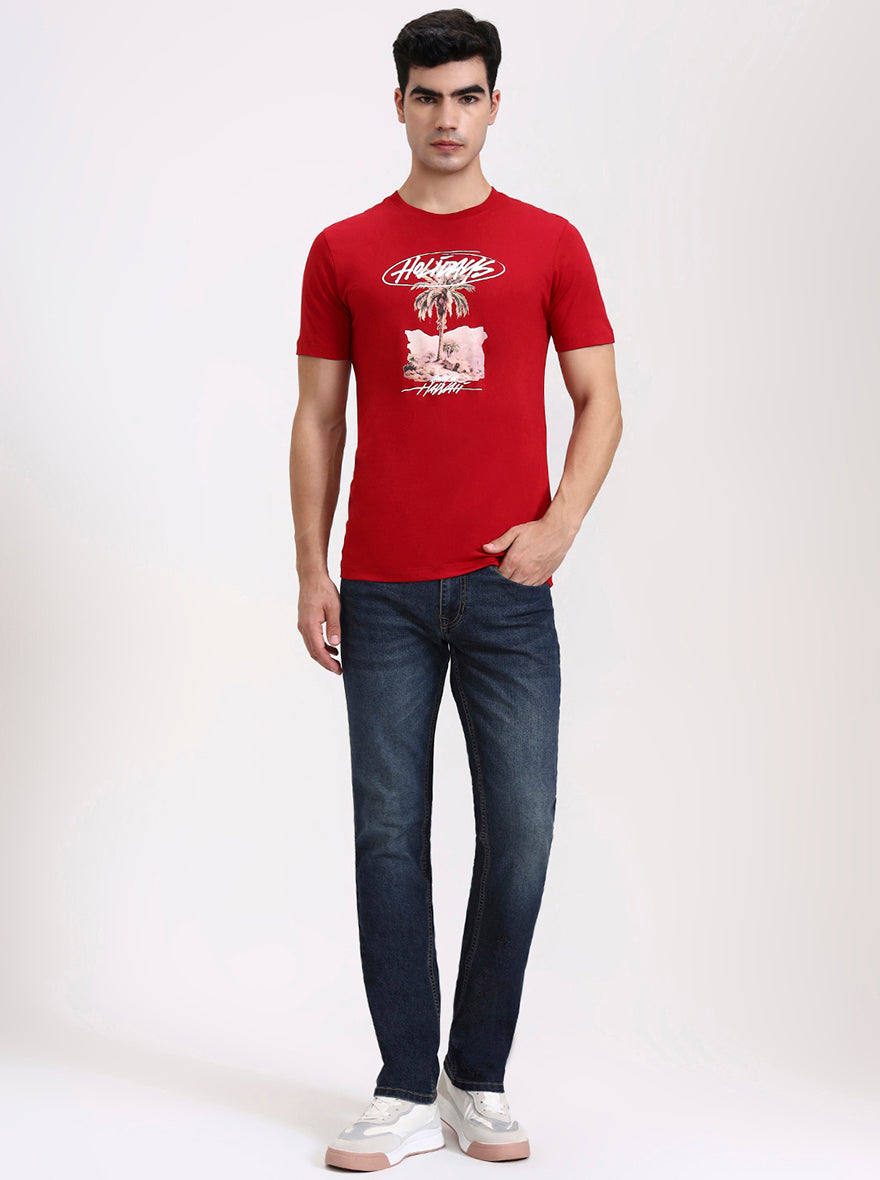 Red Printed Slim Fit T-Shirt | Greenfibre