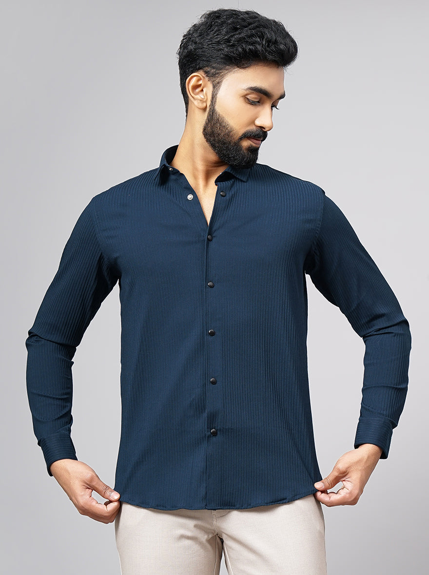 Navy Blue Solid Slim Fit Party Wear Shirt | Wyre
