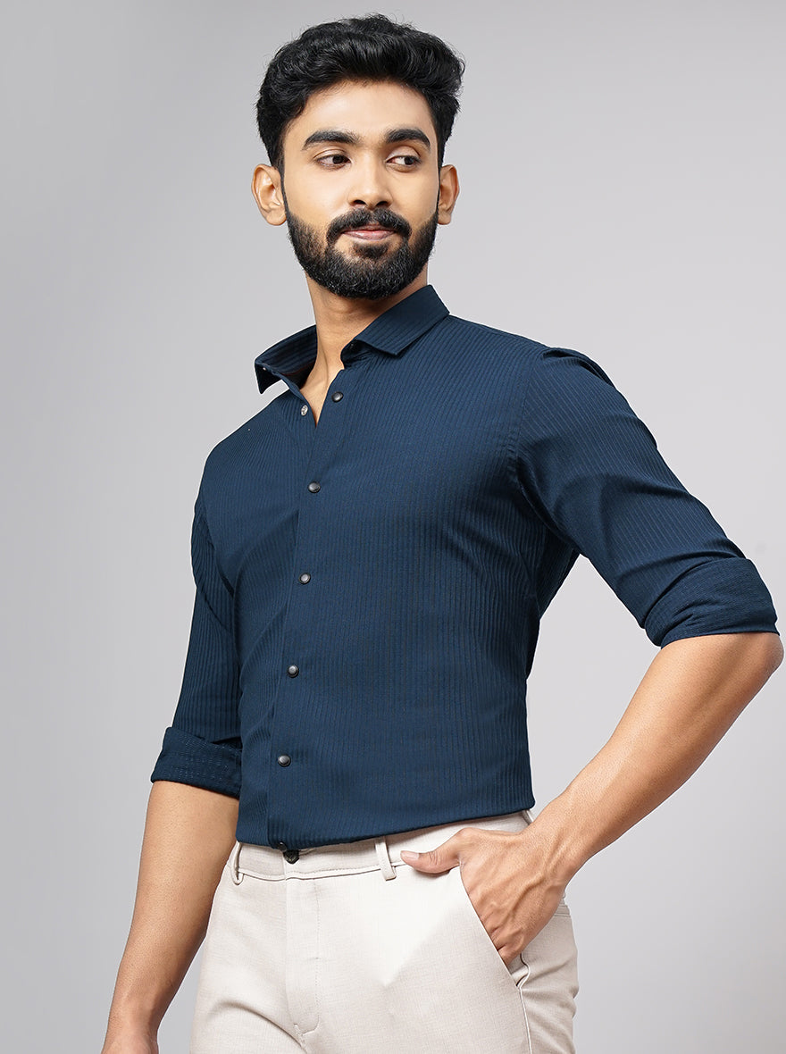 Navy Blue Solid Slim Fit Party Wear Shirt | Wyre