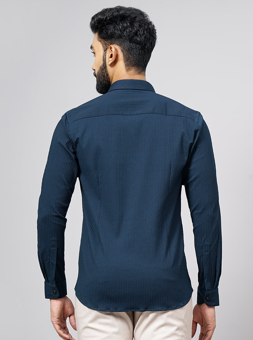 Navy Blue Solid Slim Fit Party Wear Shirt | Wyre