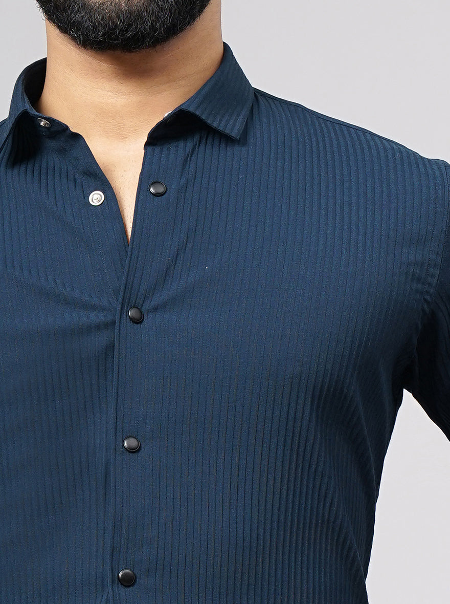 Navy Blue Solid Slim Fit Party Wear Shirt | Wyre