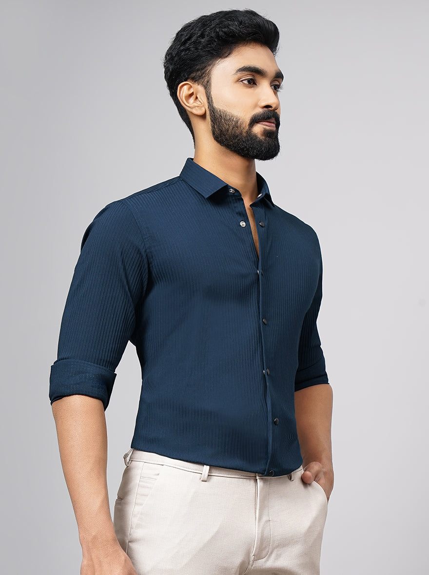 Navy Blue Solid Slim Fit Party Wear Shirt | Wyre
