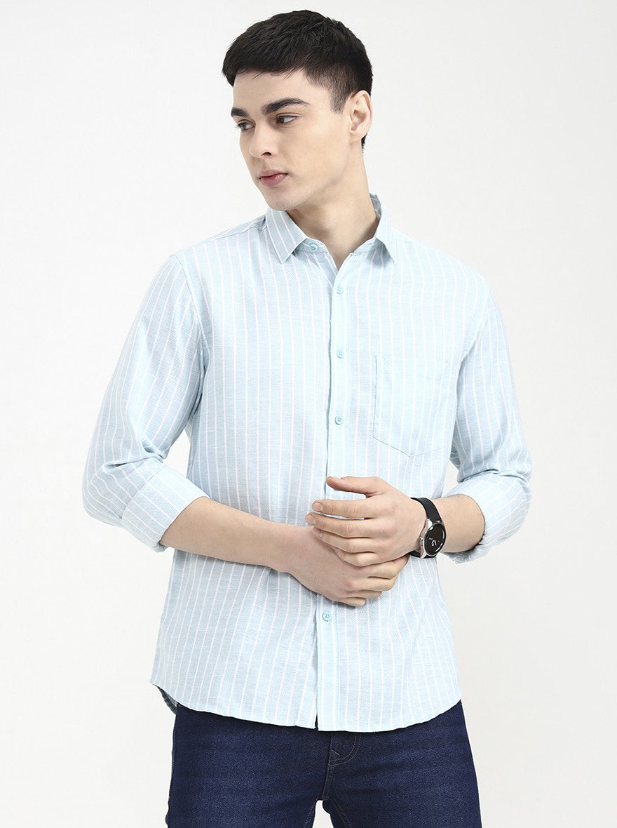 Aqua Blue Striped Slim Fit Casual Shirt | Greenfibre