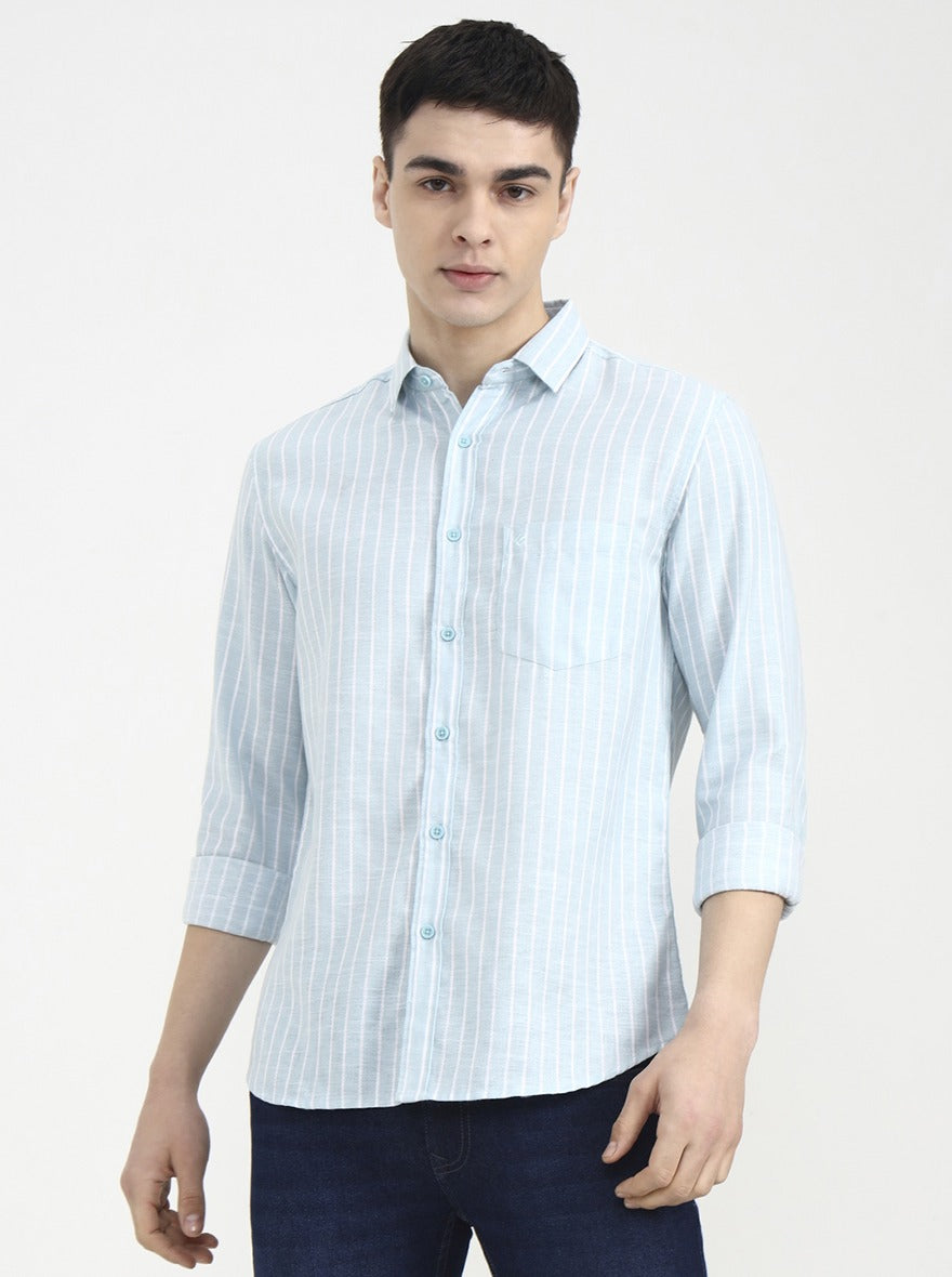 Aqua Blue Striped Slim Fit Casual Shirt | Greenfibre