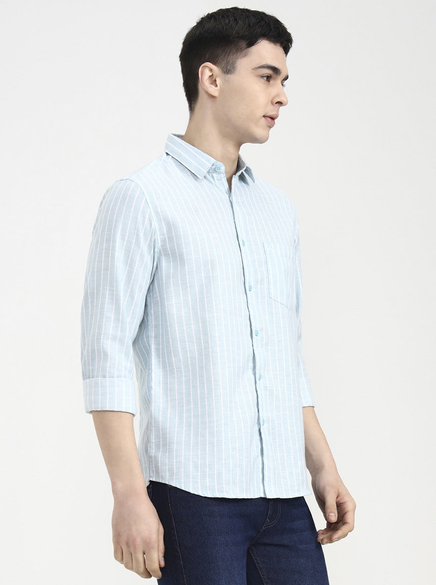 Aqua Blue Striped Slim Fit Casual Shirt | Greenfibre