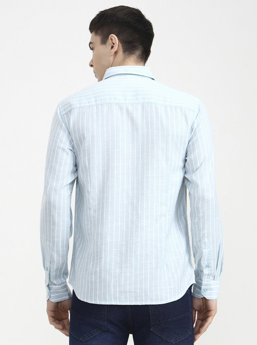 Aqua Blue Striped Slim Fit Casual Shirt | Greenfibre
