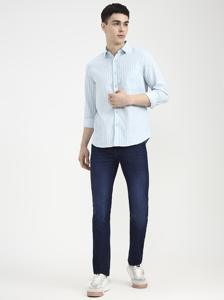 Aqua Blue Striped Slim Fit Casual Shirt | Greenfibre