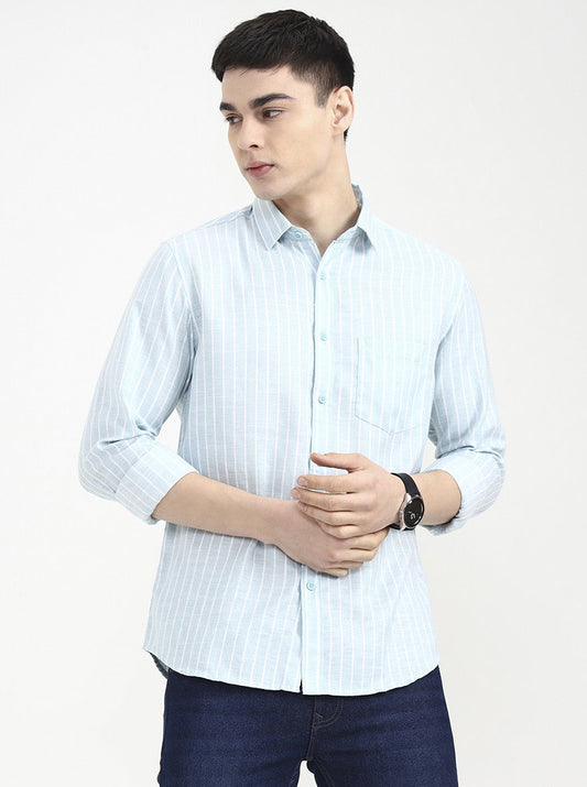 Aqua Blue Striped Slim Fit Casual Shirt | Greenfibre