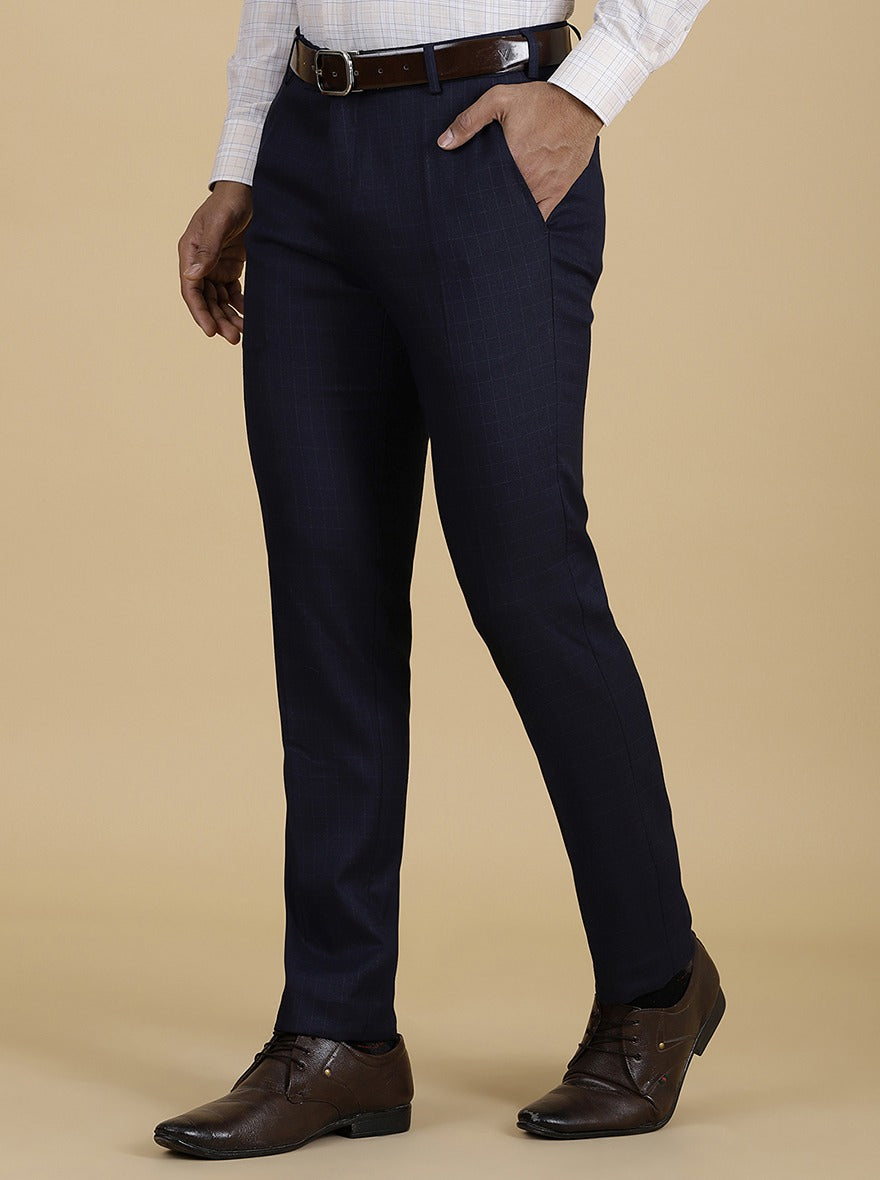 Navy Blue Checked Super Slim Fit Formal Trouser | Greenfibre