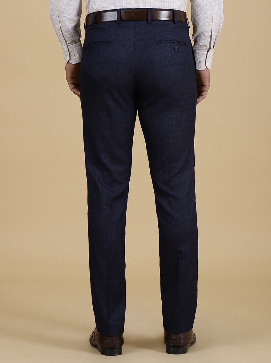 Navy Blue Checked Super Slim Fit Formal Trouser | Greenfibre