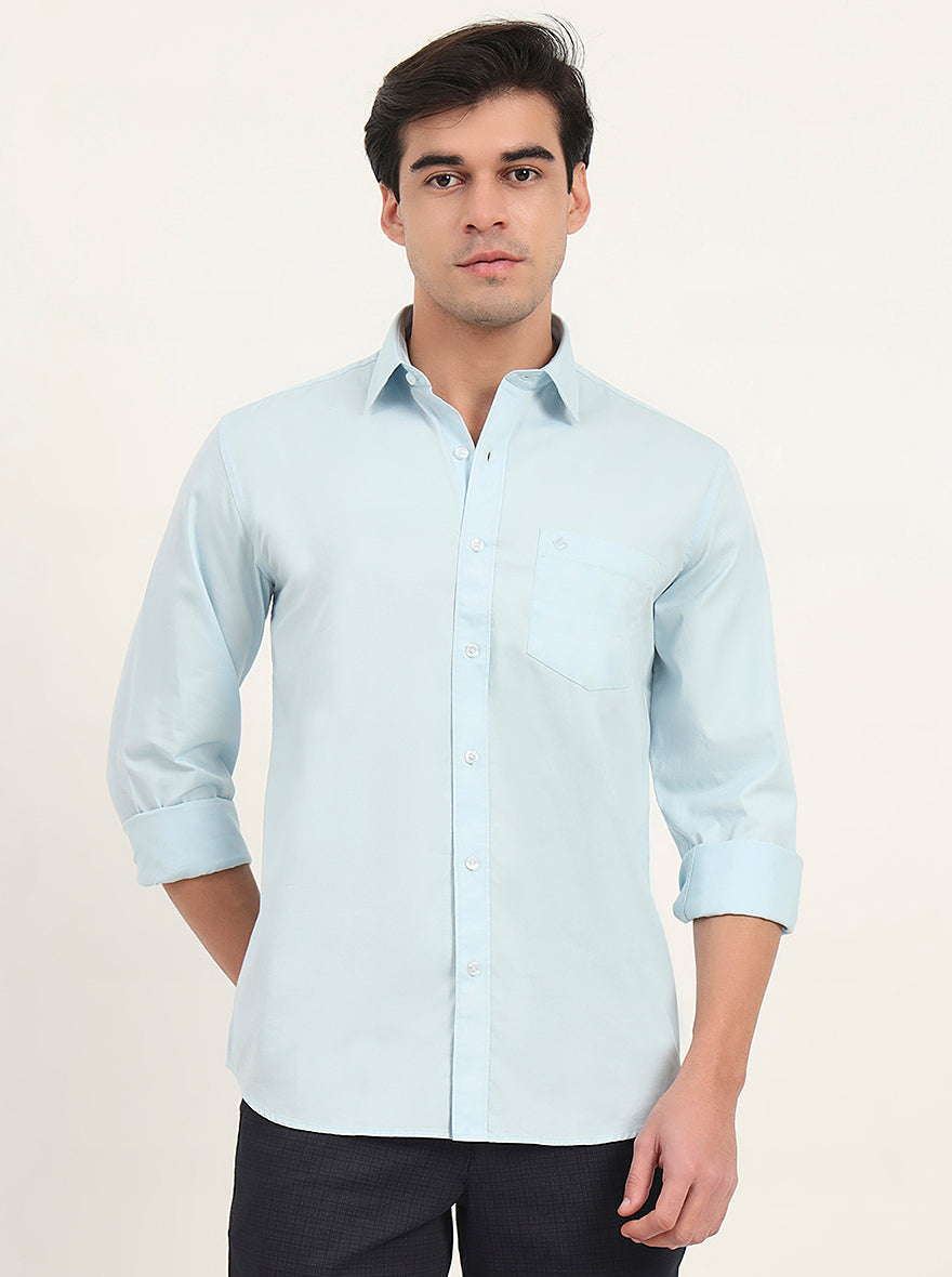 Sky Blue Solid Slim Fit Semi Casual Shirt | Greenfibre