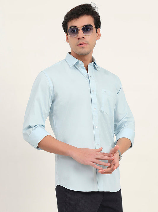 Sky Blue Solid Slim Fit Semi Casual Shirt | Greenfibre