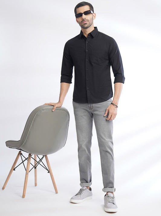 Black Solid Slim Fit Casual Shirt | Greenfibre