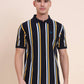 Navy Blue & Yellow Striped Slim Fit Polo T-Shirt | Greenfibre
