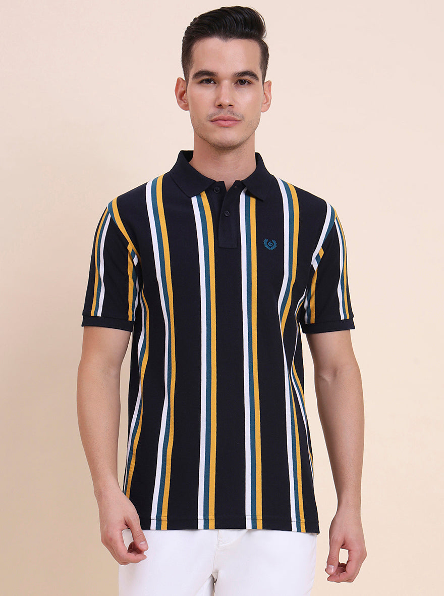 Navy Blue & Yellow Striped Slim Fit Polo T-Shirt | Greenfibre