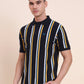 Navy Blue & Yellow Striped Slim Fit Polo T-Shirt | Greenfibre