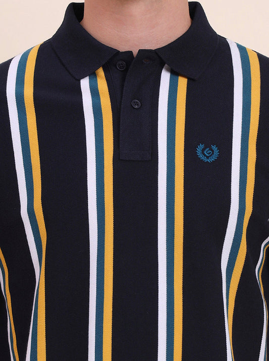Navy Blue & Yellow Striped Slim Fit Polo T-Shirt | Greenfibre