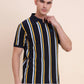 Navy Blue & Yellow Striped Slim Fit Polo T-Shirt | Greenfibre