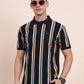 Navy Blue & Yellow Striped Slim Fit Polo T-Shirt | Greenfibre