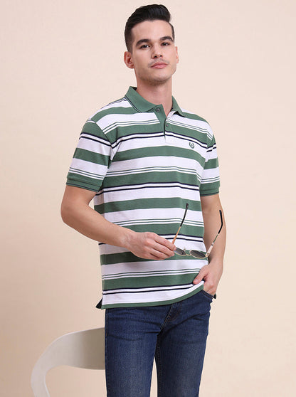 Green & White Striped Slim Fit Polo T-Shirt | Greenfibre