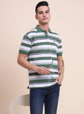 Green & White Striped Slim Fit Polo T-Shirt | Greenfibre