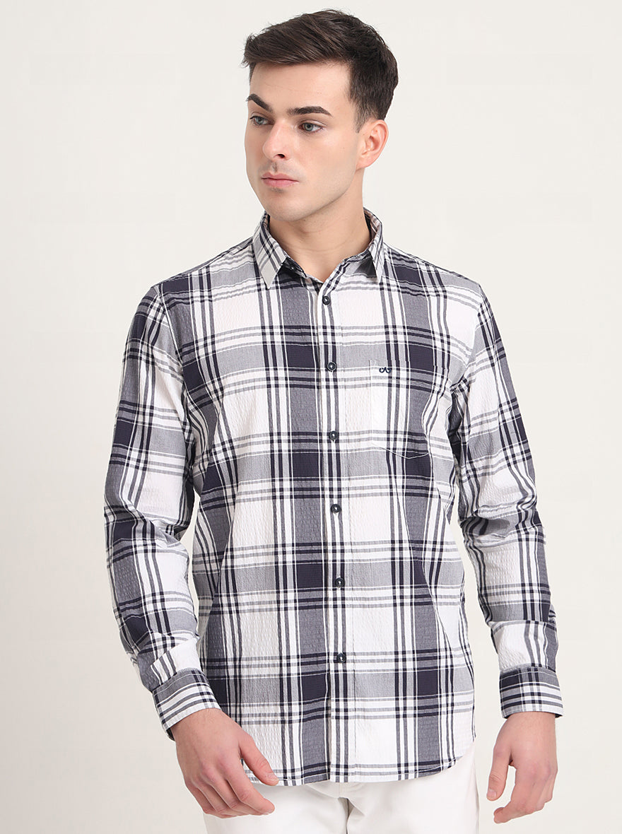 Navy Blue Checked Slim Fit Casual Shirt | JadeBlue