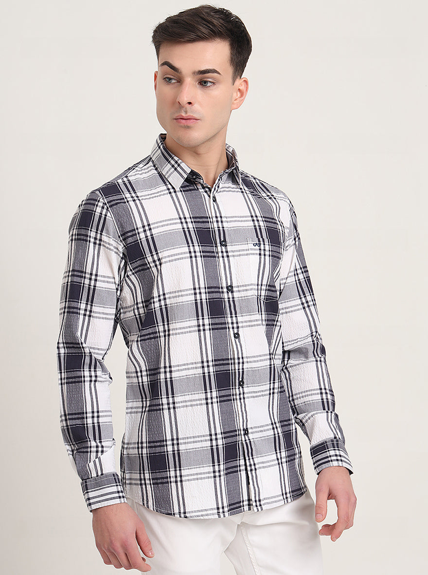 Navy Blue Checked Slim Fit Casual Shirt | JadeBlue
