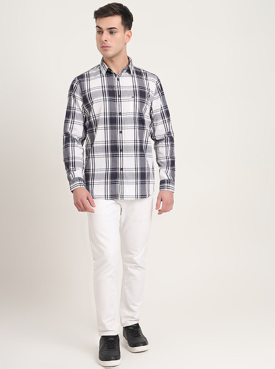 Navy Blue Checked Slim Fit Casual Shirt | JadeBlue