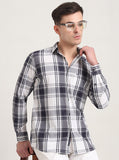 Navy Blue Checked Slim Fit Casual Shirt | JadeBlue