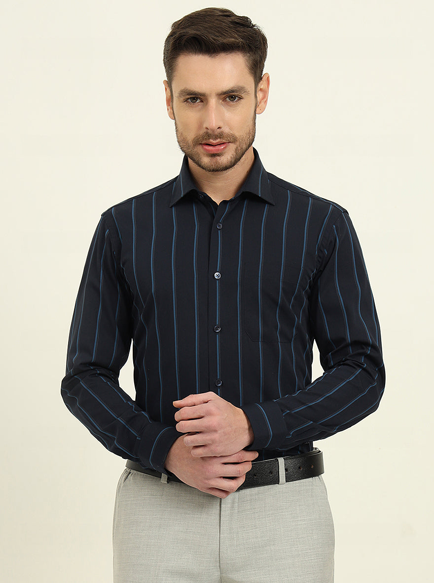 Navy Blue Striped Slim Fit Formal Shirt | Metal