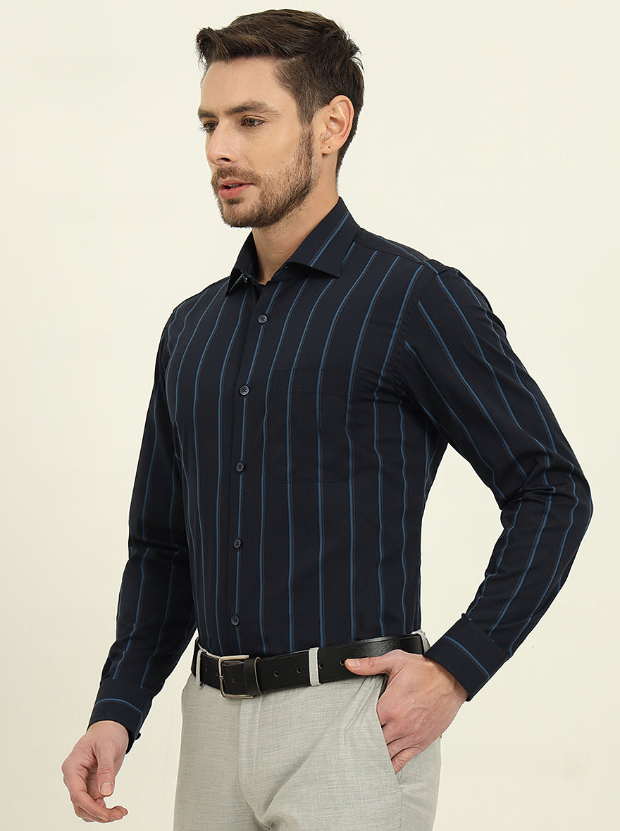 Navy Blue Striped Slim Fit Formal Shirt | Metal