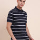 Navy Blue & White Striped Regular Fit Polo T-Shirt | Greenfibre
