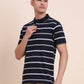 Navy Blue & White Striped Regular Fit Polo T-Shirt | Greenfibre