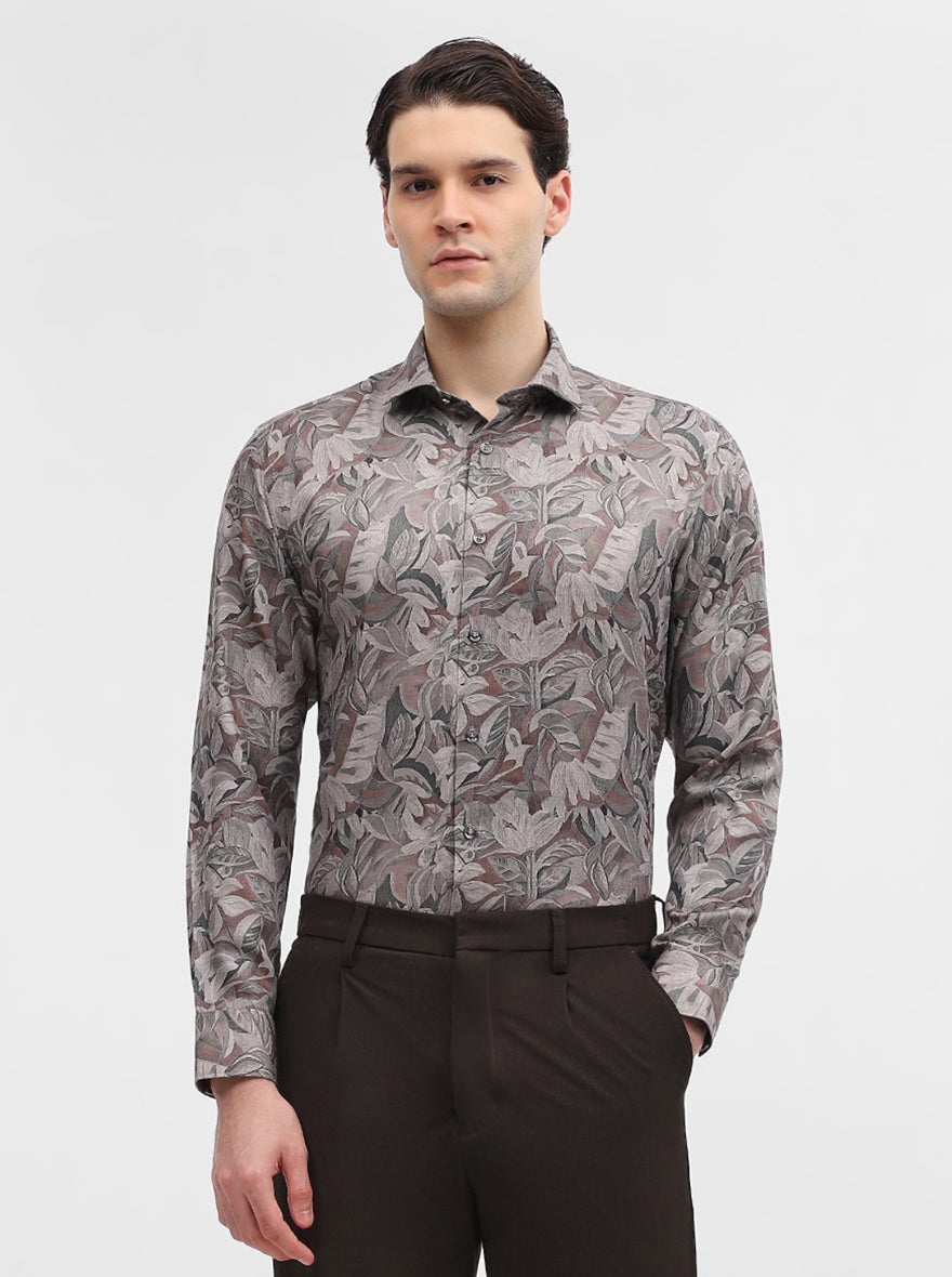 Green & Brown Printed Slim Fit Party Wear Shirt | Greenfibre
