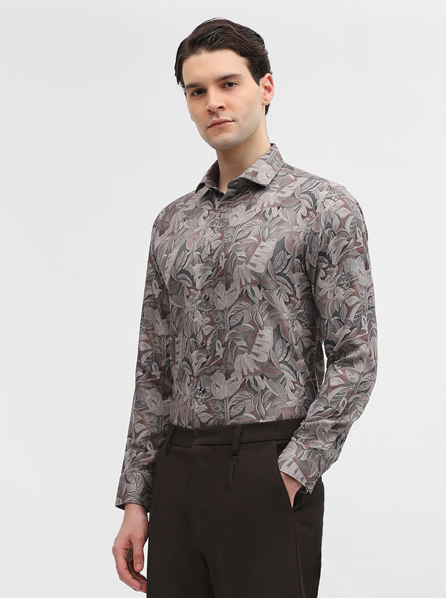 Green & Brown Printed Slim Fit Party Wear Shirt | Greenfibre