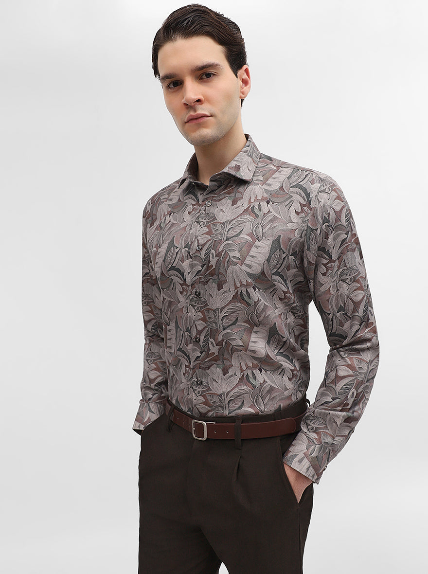 Green & Brown Printed Slim Fit Party Wear Shirt | Greenfibre