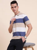 White & Beige Striped Regular Fit Polo T-Shirt | Greenfibre