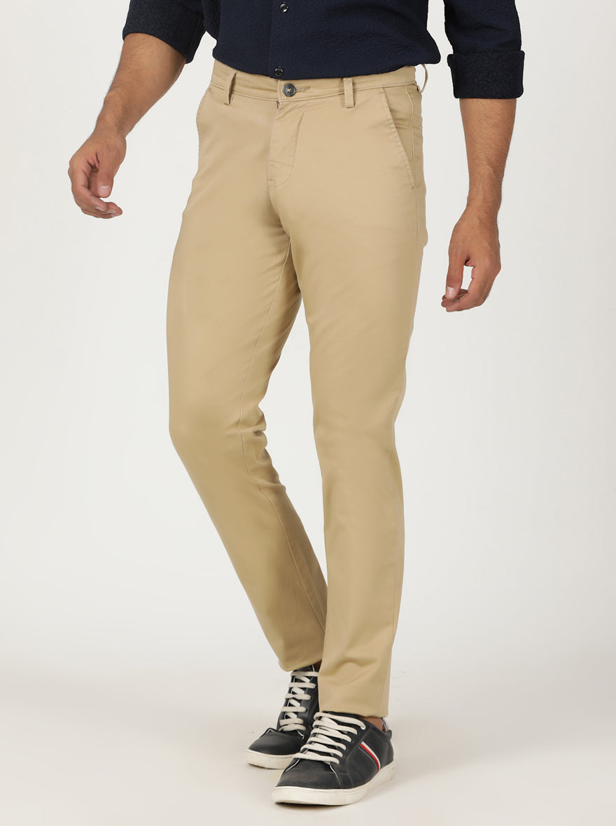 Beige Solid Neo Fit Casual Trouser | Greenfibre