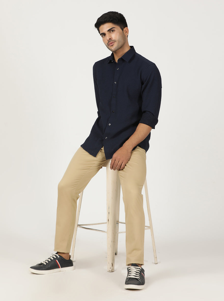 Beige Solid Neo Fit Casual Trouser | Greenfibre