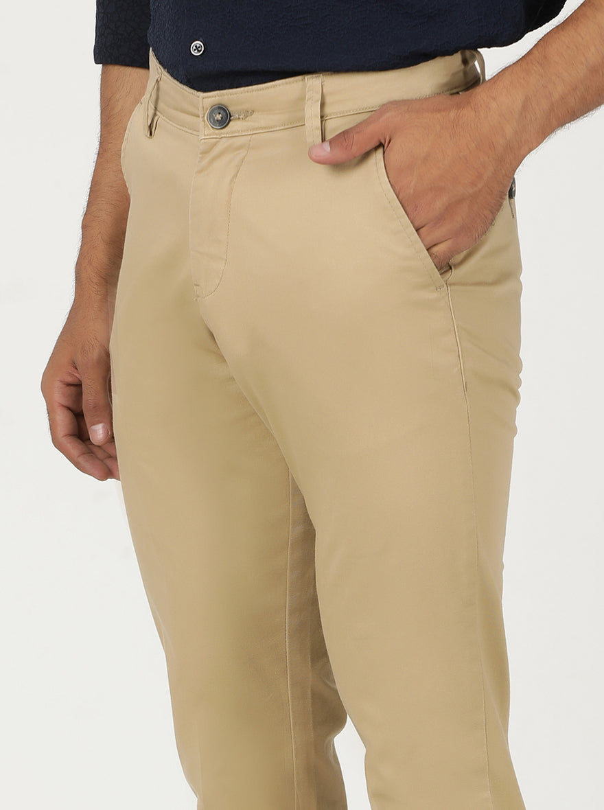 Beige Solid Neo Fit Casual Trouser | Greenfibre