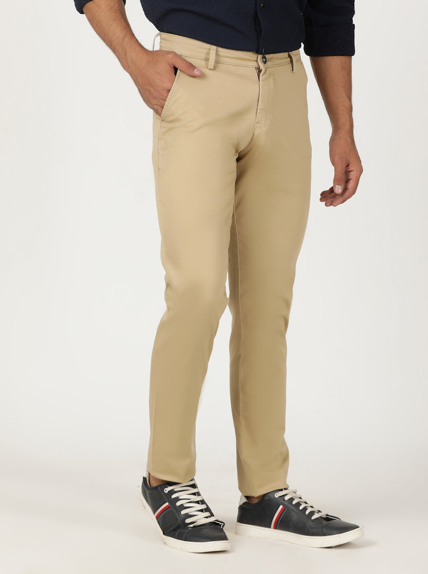 Beige Solid Neo Fit Casual Trouser | Greenfibre