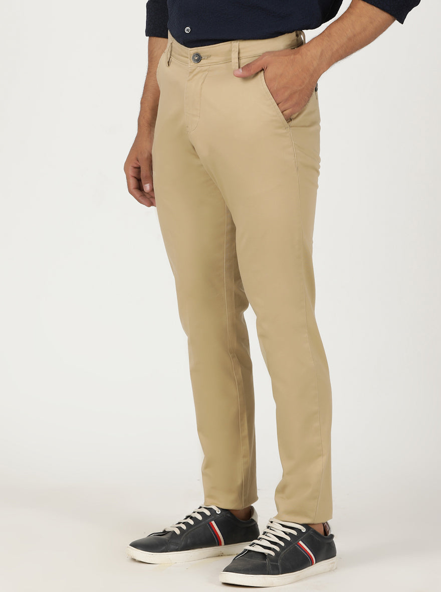 Beige Solid Neo Fit Casual Trouser | Greenfibre