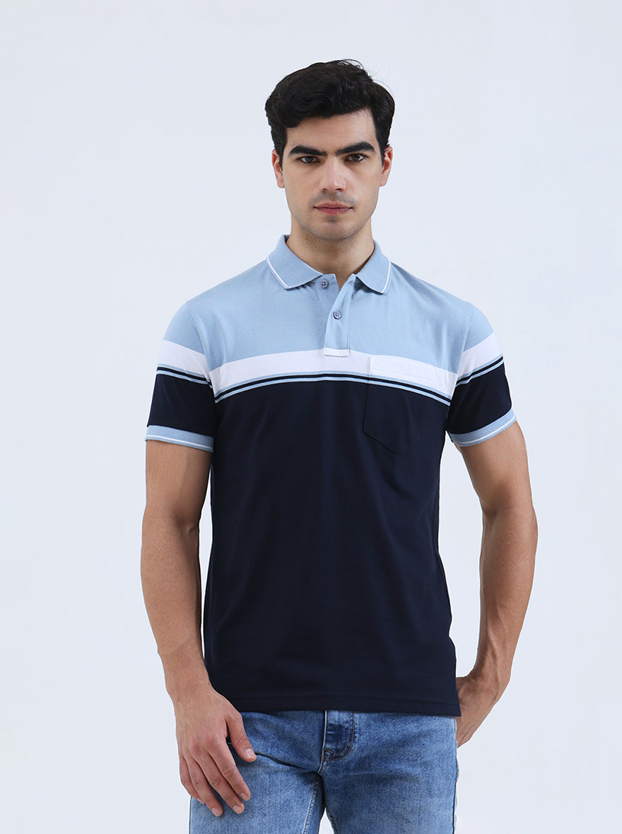 Sky Blue Striped Regular Fit Polo T-Shirt | Greenfibre