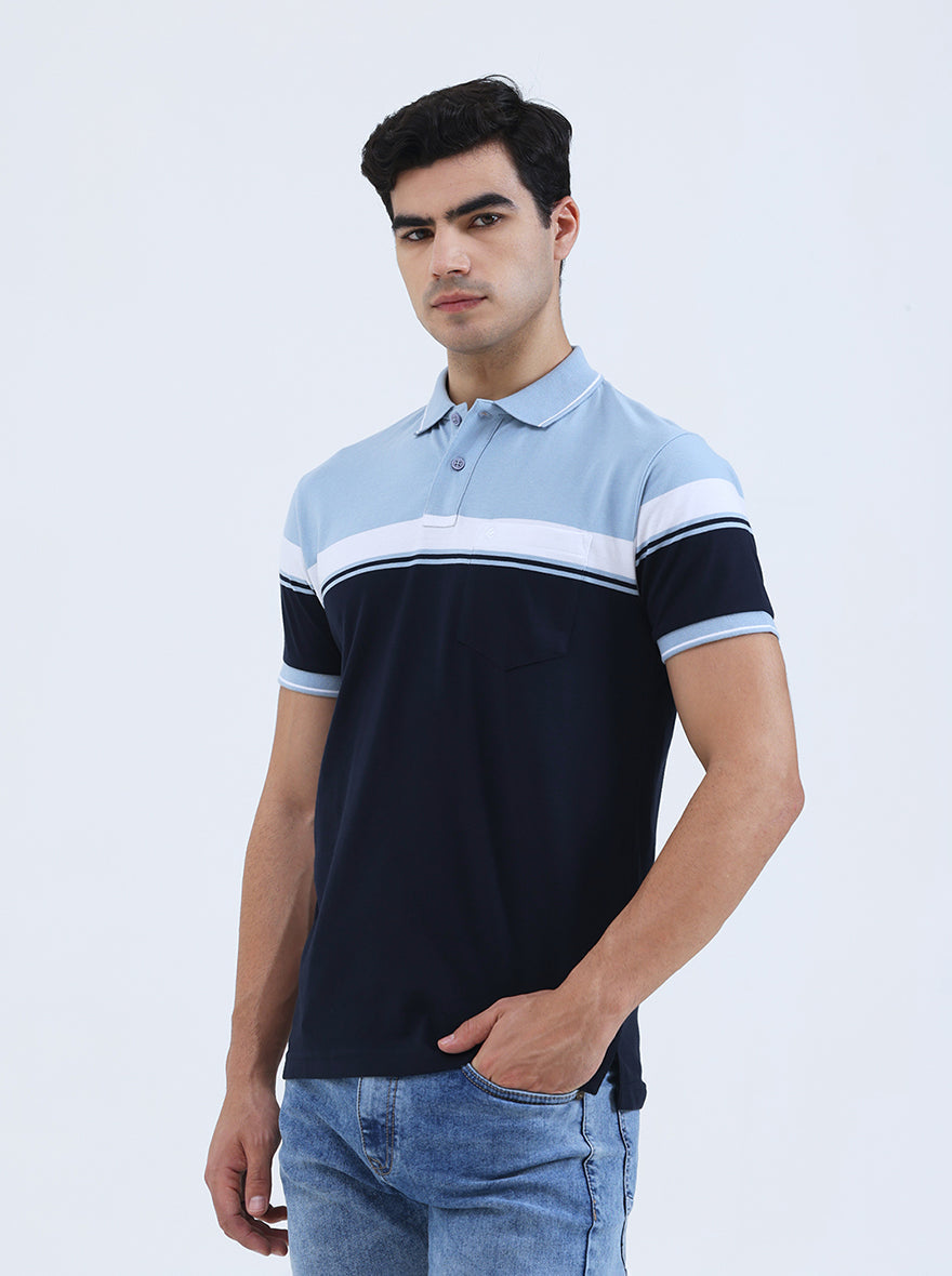 Sky Blue Striped Regular Fit Polo T-Shirt | Greenfibre