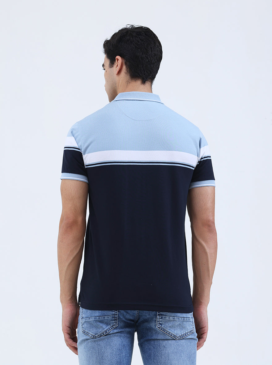 Sky Blue Striped Regular Fit Polo T-Shirt | Greenfibre