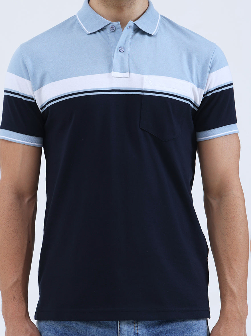 Sky Blue Striped Regular Fit Polo T-Shirt | Greenfibre