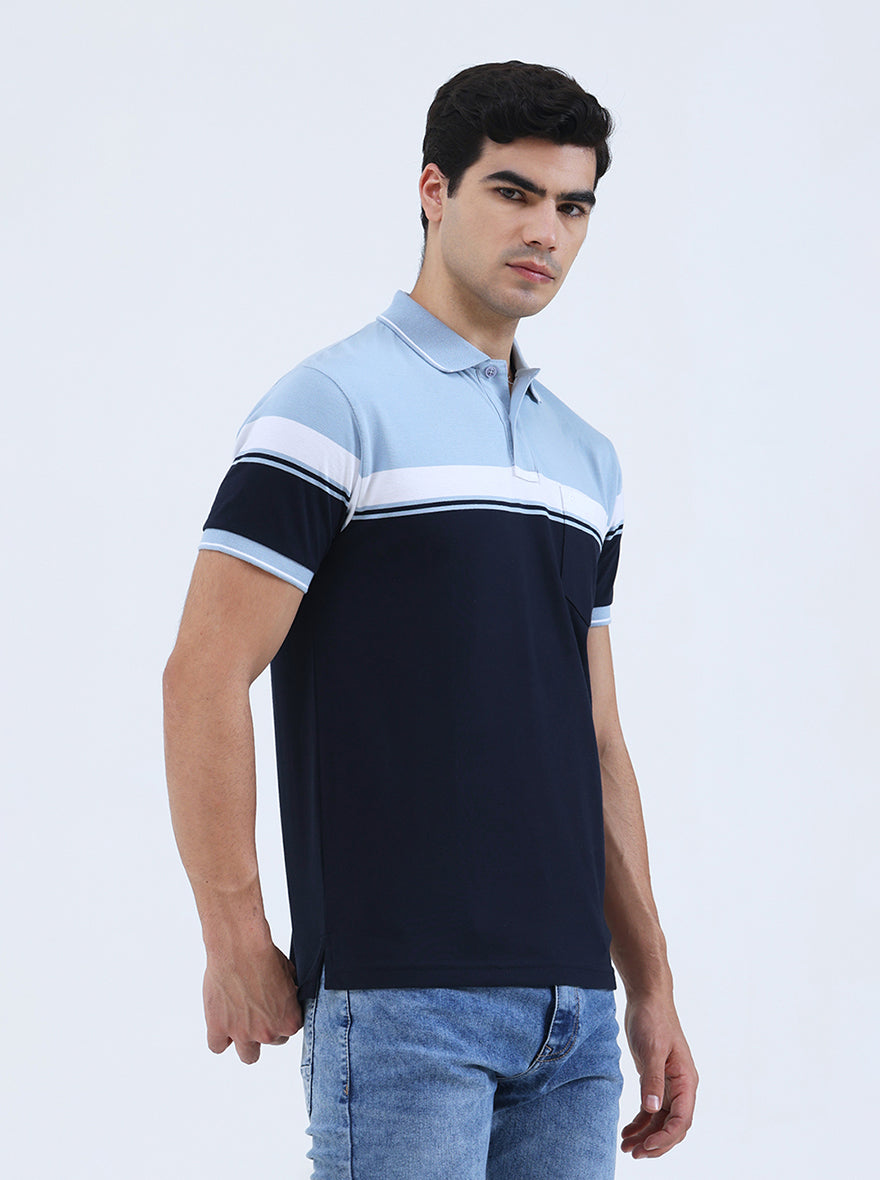 Sky Blue Striped Regular Fit Polo T-Shirt | Greenfibre
